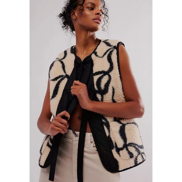 Damson Madder Jackets & Blazers - DAMSON MADDER X FREE PEOPLE BLACK IVORY BOWS MARTA BORG GILET VEST JACKET SZ 8